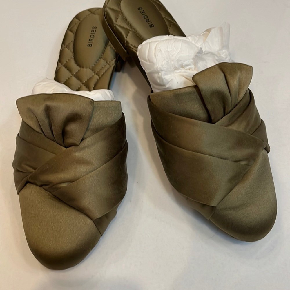 Birdies olive green satin slides worn once; size 8